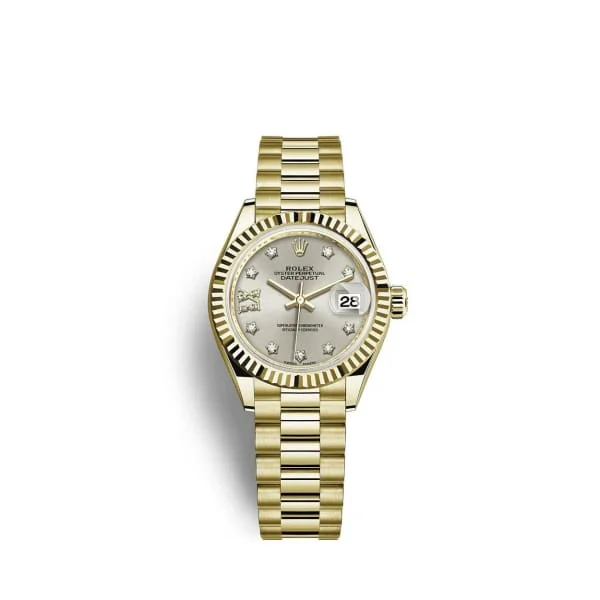 Rolex Lady-Datejust 28mm - Ref: 279178-0002 - Silver Diamond Dial, 18K Yellow Gold President Bracelet Women's Watch-Rolex Milgauss Z-Blue Watch