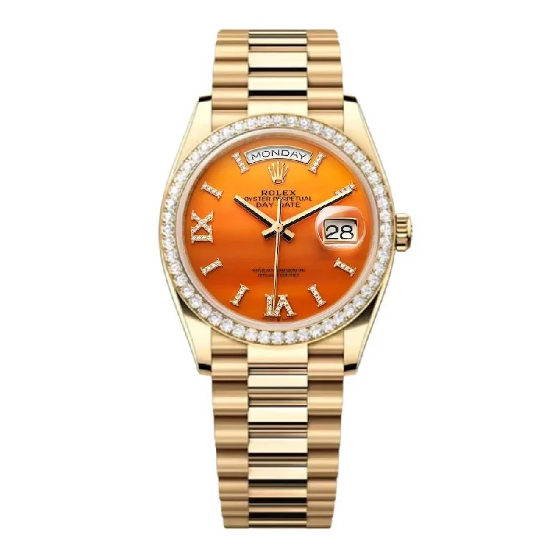 2024 Release Rolex Datejust 36mm - Ref: 128348rbr-0049 - Carnelian Orange Roman Diamond & Diamond Bezel, 18K Yellow Gold Presidential Bracelet Watch-Rolex GMT-Master II Pepsi Bezel Watch