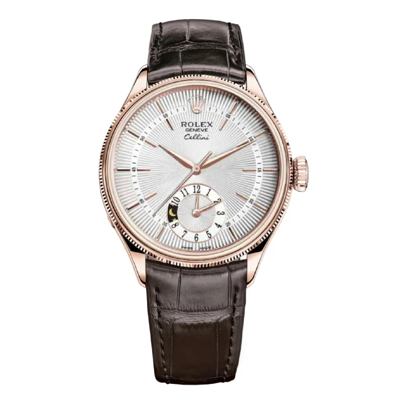 Rolex Cellini Dual Time 39mm - Ref: 50525-0008 - Silver Guilloche Index Dial, Domed & Fluted Double Bezel, 18K Rose Gold & Tobacco Brown Leather Strap Watch-Rolex Yacht-Master 40mm Everose Gold Watch