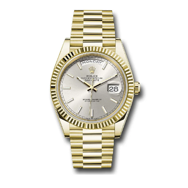 Rolex Day Date 40mm - Ref: 228238 - Silver Stick Dial & Fluted Bezel, 18K Yellow Gold President Bracelet Men's Watch-Rolex Submariner 116610LV Hulk Watch