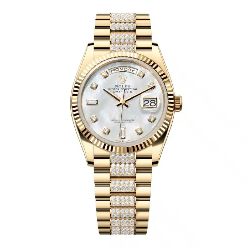 Rolex Day Date 36mm - Ref: 128238-0032 - White Mother of Pearl Diamond Dial & Fluted Bezel, 18K Yellow Gold & Diamonds President Bracelet Watch-Rolex Day-Date Rose Gold Watch