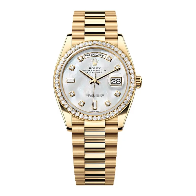 Rolex Day Date 36mm - Ref: 128348rbr-0017 - White Mother of Pearl Diamond Dial & Diamond Bezel, 18K Yellow Gold President Bracelet Watch-Rolex Submariner 16613 Two-Tone Watch