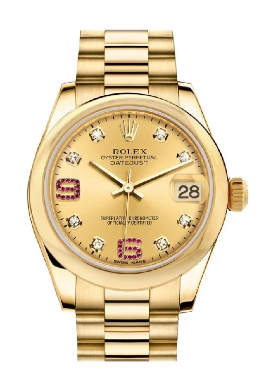 Rolex Datejust 31 Champagne Diamonds Rubies Dial 18K Yellow Gold President Ladies Watch 178248 Pre-owned-Rolex Yacht-Master 40mm Watch