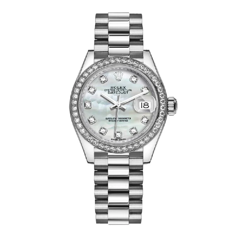 Rolex Lady-Datejust 28mm - Ref: 279136RBR mdp - White Mother of Pearl Diamond Dial & Diamond Bezel, Platinum Presidential Bracelet Women's Watch-Rolex Datejust 116234 Watch