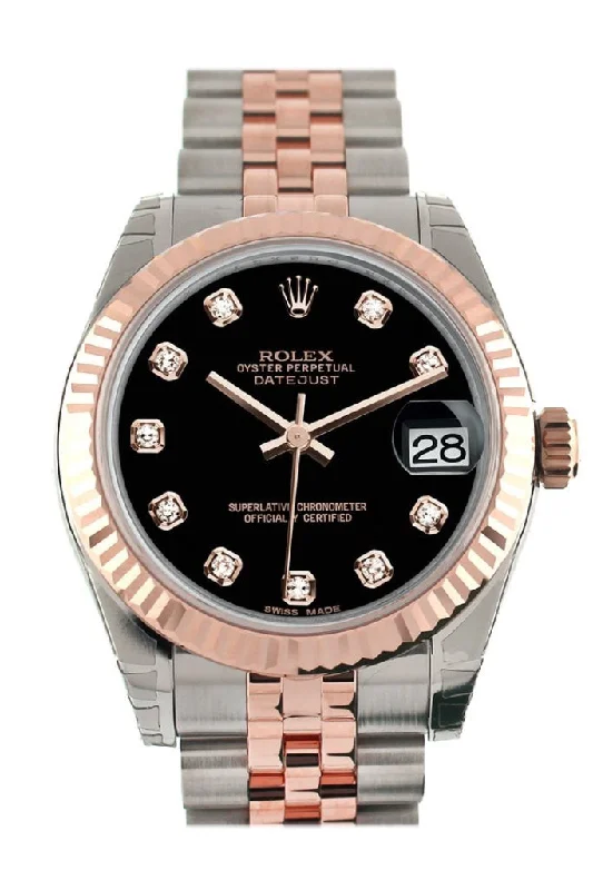 Rolex Datejust 31 Black Diamond Dial Fluted Bezel 18K Rose Gold Two Tone Jubilee Ladies Watch 178271 Pre-owned-Rolex Submariner No Date Watch