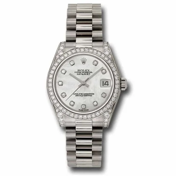 Rolex Datejust 31mm - Ref: 178159 mdp - White Mother of Pearl Diamond Dial & Diamond Bezel & Case, 18K White Gold Presidential Bracelet Women's Watch-Rolex Explorer 42mm Polar Dial Watch