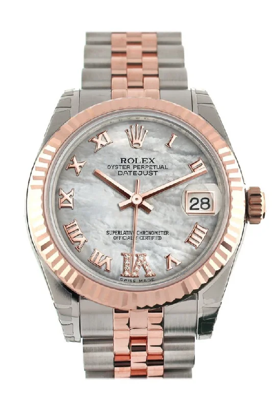 Rolex Datejust 31 White Mother of Pearl Roman Large VI Diamond Dial Fluted Bezel 18K Rose Gold Two Tone Jubilee Watch 178271 Pre-owned-Rolex GMT-Master II Batman Watch