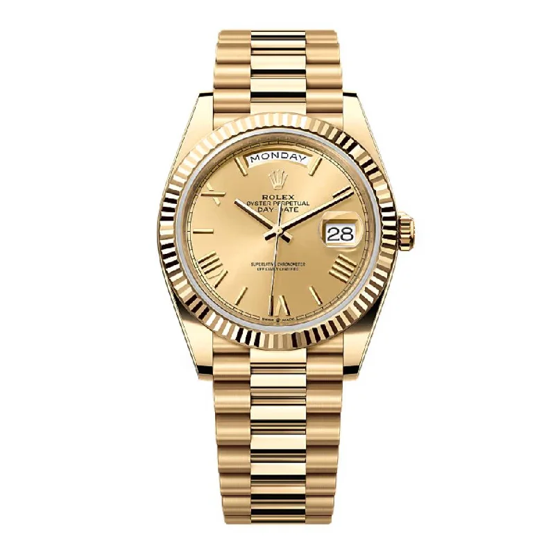 Rolex Day Date 40mm - Ref: 228238-0006 - Champagne Roman Dial & Fluted Bezel, 18K Yellow Gold President Bracelet Men's Watch-Rolex Day-Date 36mm Champagne Dial Watch