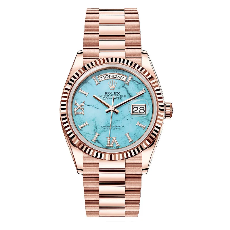 Rolex Day Date 40mm - Ref: 128235 - Tiffany Blue Turqouise Roman Dial & Fluted Bezel, 18K Rose Gold President Bracelet Men's Watch-Rolex Yacht-Master 42mm Watch