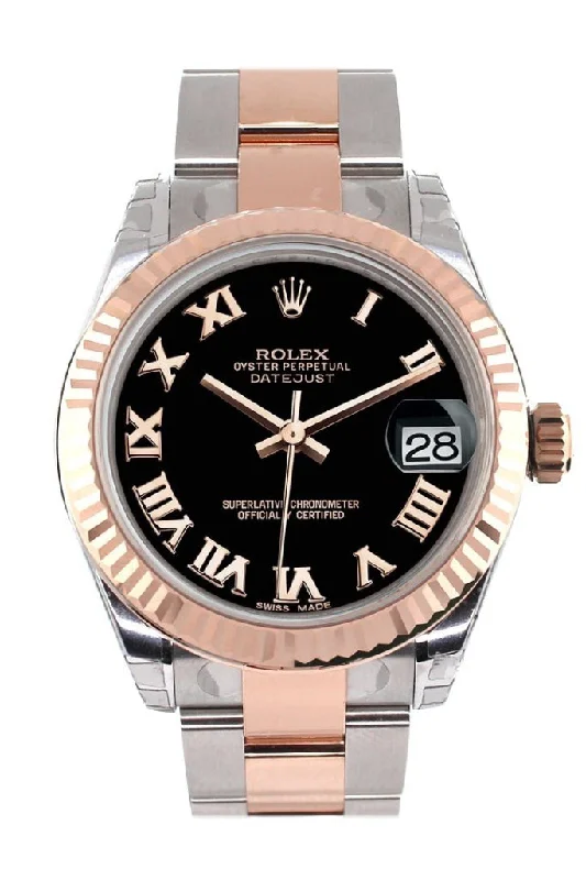 Rolex Datejust 31 Black Roman Dial Fluted Bezel 18K Rose Gold Two Tone Ladies Watch 178271 Pre-owned-Rolex Datejust 31mm Rose Gold Watch