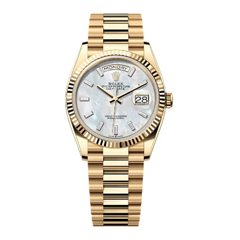 2024 Release Rolex Day-Date 36mm - Ref: 128238-0123 - White Mother of Pearl Dial & Diamond Bezel, 18K Yellow Gold Presidential Bracelet Watch-Rolex Explorer 39mm Watch