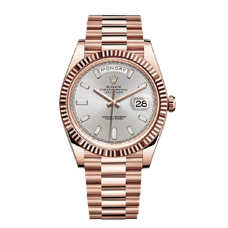 Rolex Day Date 40mm - Ref: 228235-0004 - Silver Diamond Dial & Fluted Bezel, 18K Rose Gold President Bracelet Men's Watch-Rolex Submariner 114060 Watch