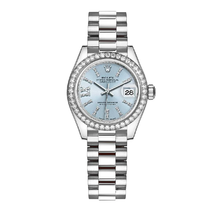 Rolex Lady-Datejust 28mm - Ref: 279136RBR ib36dix8dp - Ice Blue Roman Diamond Dial & Diamond Bezel, Platinum Presidential Bracelet Women's Watch-Rolex Cosmograph Daytona Ceramic Bezel Watch