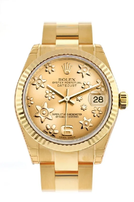 Rolex Datejust 31 Champagne Floral Motif Dial Fluted Bezel 18K Yellow Gold Ladies Watch 178278 Pre-owned-Rolex Datejust 28mm Watch