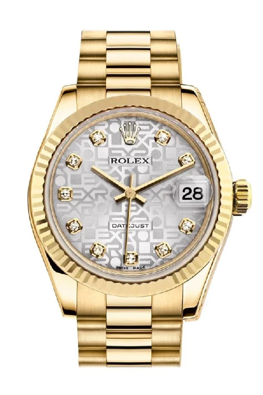 Rolex Datejust 31 Silver Jubilee Diamond Dial Fluted Bezel 18K Yellow Gold President Ladies Watch 178278 Pre-owned-Rolex Day-Date 40mm Platinum Watch