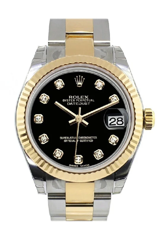 Rolex Datejust 31 Black Diamond Dial Fluted Bezel 18K Gold Two Tone Ladies 178273 Pre-owned-Rolex GMT-Master II Green Dial Watch