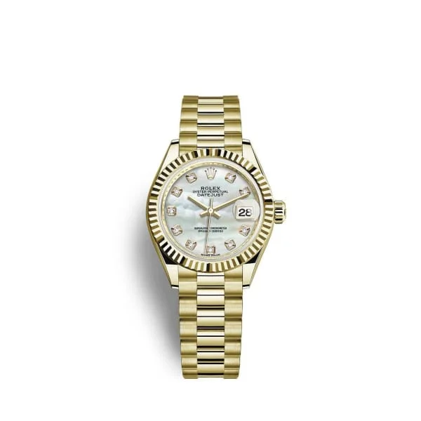 Rolex Lady Datejust 28mm - Ref: 279178-0025 - White Mother of Pearl Dial, 18K Yellow Gold President Bracelet Women's Watch-Rolex Submariner 116618LB Yellow Gold Watch