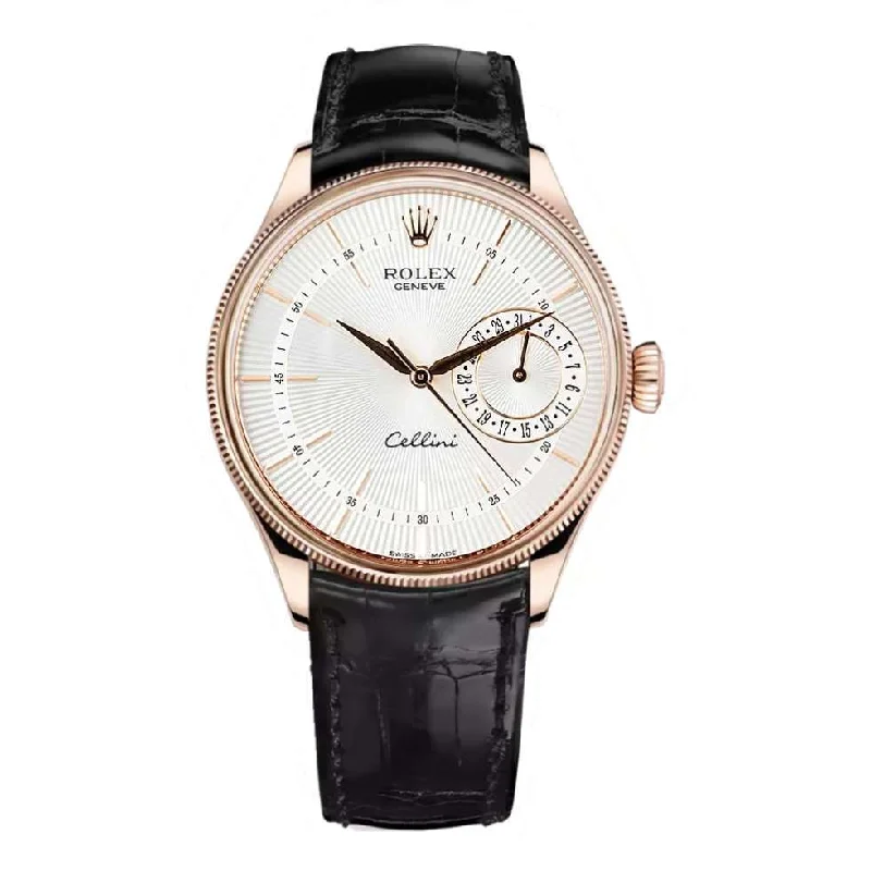 Rolex Cellini Date 39mm - Ref: 50515-0009 - Silver Guilloche Index Dial, Domed & Fluted Double Bezel, 18K Rose Gold & Black Leather Strap Watch-Rolex Day-Date 36mm Champagne Dial Watch