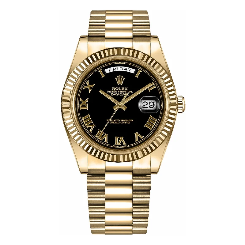 Rolex Day Date II 41mm - Ref: 218238-0041 - Black Roman Dial & Fluted Bezel, 18K Yellow Gold President Bracelet Men's Watch-Rolex Day-Date 40mm White Gold Watch