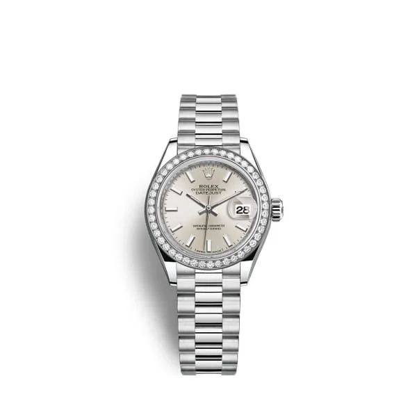 Rolex Lady-Datejust 28mm - Ref: 279136rbr-0006 - Silver Dial & Diamond Bezel, 18K White Gold Presidential Bracelet Women's Watch-Rolex GMT-Master II Green Dial Watch