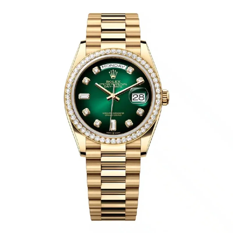 Rolex Day Date 36mm - Ref: 128348rbr-0035 - Green Ombre Diamond Dial & Diamond Bezel, 18K Yellow Gold President Bracelet Watch-Rolex Explorer 39mm Watch Sale