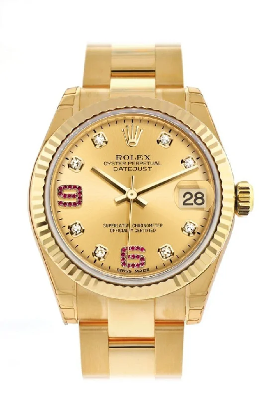 Rolex Datejust 31 Champagne Diamonds Rubies Dial Fluted Bezel 18K Yellow Gold Ladies Watch 178278 Pre-owned-Rolex Datejust 41mm Blue Dial Watch