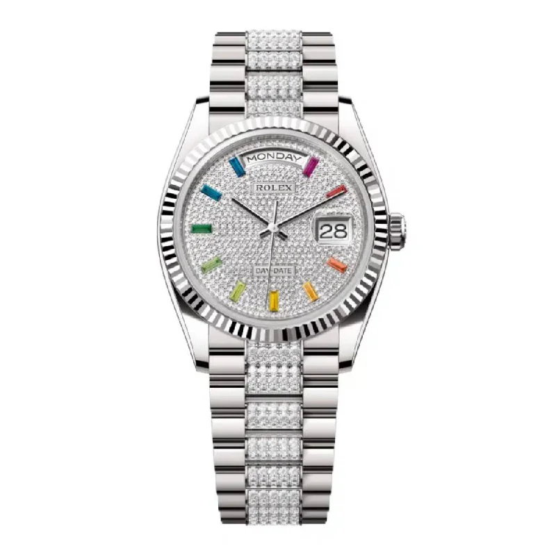 Rolex Day Date 36mm - Ref: 128239-0027 - Pave Rainbow Diamond Dial & Fluted Bezel, 18K White Gold & Diamonds President Bracelet Watch-Rolex Day-Date 40mm Yellow Gold President Watch