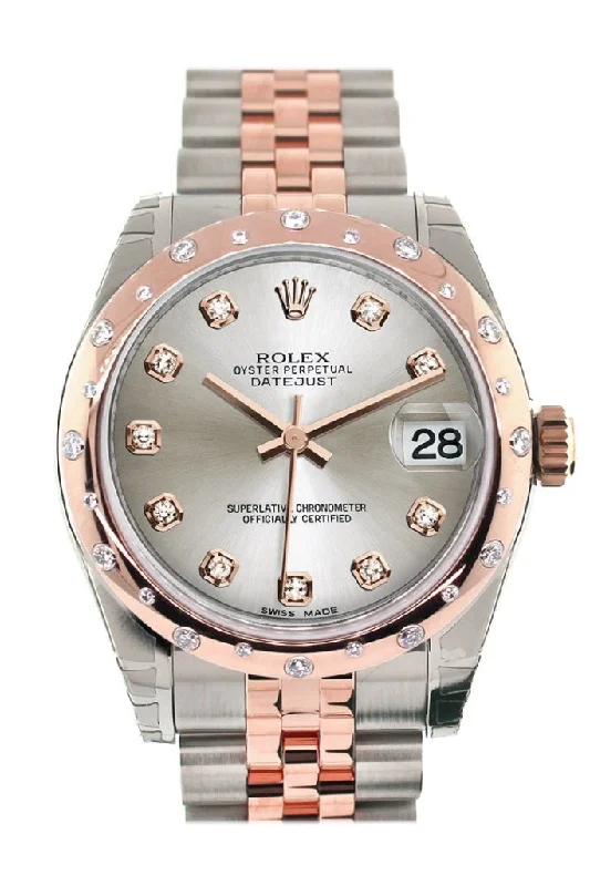 Rolex Datejust 31 Silver Diamond Dial  Diamond Bezel 18K Rose Gold Two Tone Jubilee Ladies Watch 178341 Pre-owned-Rolex Yacht-Master 40mm Diamond Dial Watch