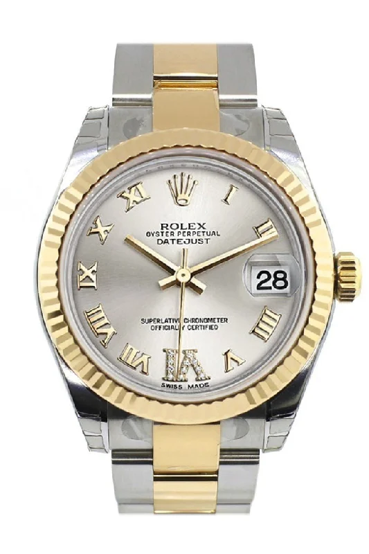 Rolex Datejust 31 Silver Roman Large VI Diamond Dial Fluted Bezel 18K Gold Two Tone Ladies 178273 Pre-owned-Rolex Submariner No Date Watch