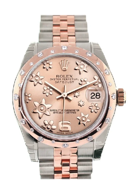 Rolex Datejust 31 Pink Raised Floral Motif Dial Diamond Bezel 18K Rose Gold Two Tone Jubilee Ladies Whatch 178341 Pre-owned-Rolex Day-Date President Watch