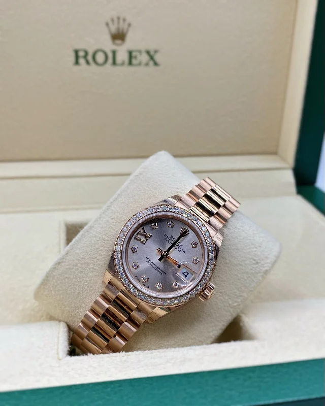 Rolex Lady-Datejust 28mm - Ref: 279135rbr-0003 - Sundust Diamond Dial, 18K Rose Gold Presidential Bracelet Women's Watch-Rolex Datejust 116334 Silver Dial Watch