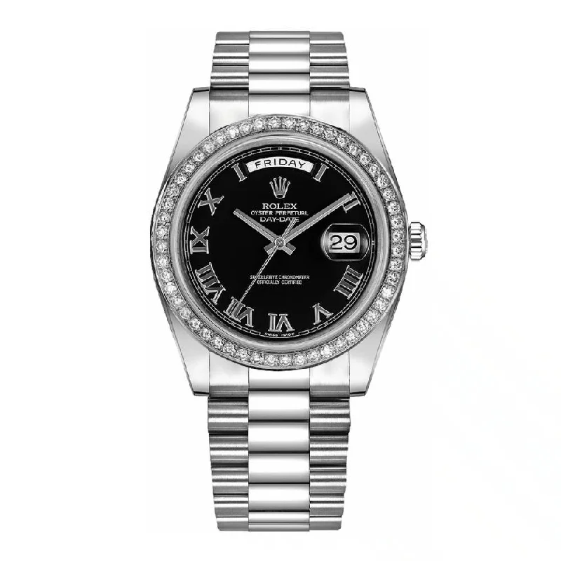 Rolex Day Date II 41mm - Ref: 218349 bkrp - Black Roman Dial & Diamond Bezel, 18K White Gold President Bracelet Men's Watch-Rolex Oyster Perpetual 36mm Blue Dial Watch