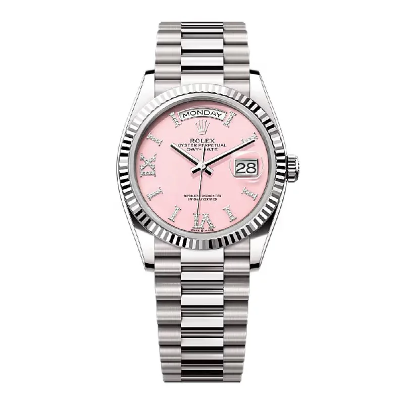 Rolex Day Date 36mm - Ref: 128239-0021 - Pink Opal Diamond Dial & Fluted Bezel, 18K White Gold President Bracelet Watch-Rolex Day-Date 40mm Rose Gold Watch