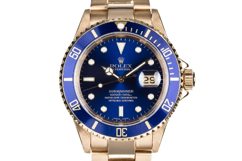 1990 Rolex 18K Submariner 16618 Blue Dial with Service Papers-Rolex Oyster Perpetual 39mm Watch