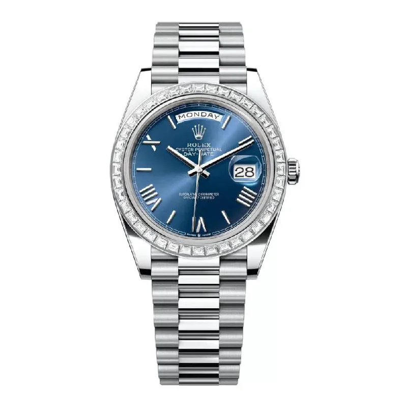 Rolex Day Date 40mm - Ref: 228396tbr-0026 - Blue Roman Dial & Diamond Bezel, Platinum President Bracelet Men's Watch-Rolex Day-Date 40mm Blue Dial Watch