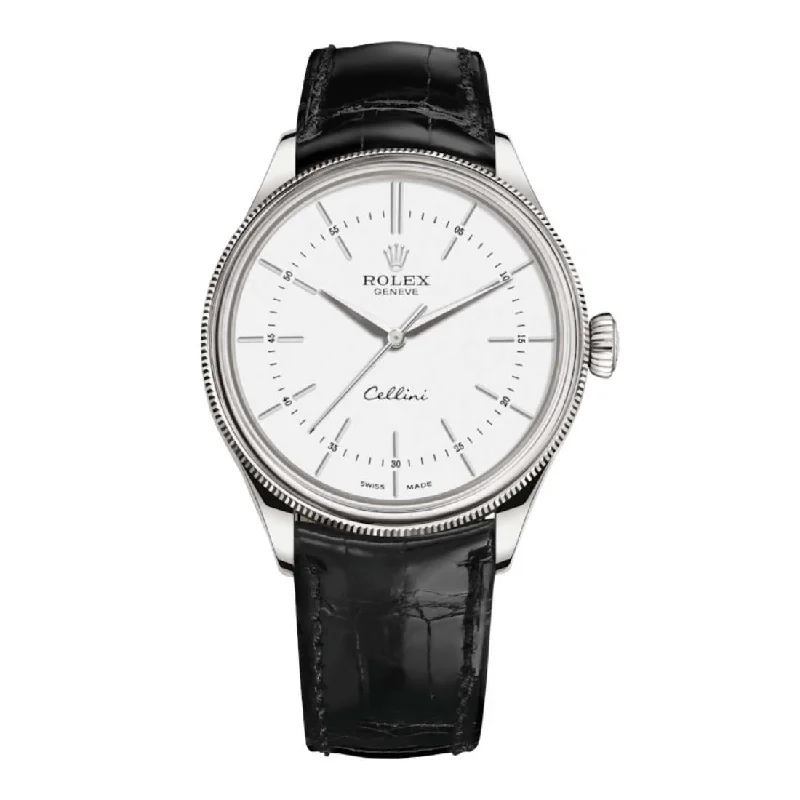 Rolex Cellini Time 39mm - Ref: 50509-0016 - White Index Dial, Domed & Fluted Double Bezel, 18K White Gold & Black Leather Strap Watch-Rolex Cosmograph Daytona 116503 Watch