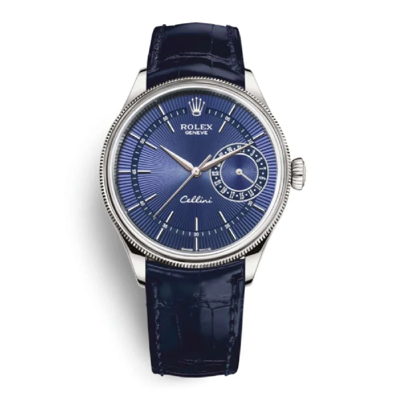 Rolex Cellini Date 39mm - Ref: 50519-0011 - Blue Guilloche Index Dial, Domed & Fluted Double Bezel, 18K White Gold & Blue Leather Strap Watch-Rolex Datejust 41mm Black Dial Watch