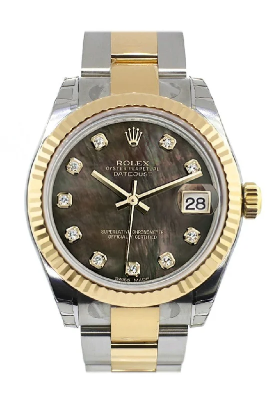 Rolex Datejust 31 Black Mother of Pearl Diamonds Dial Fluted Bezel 18K Gold Two Tone Ladies 178273 Pre-owned-Rolex Submariner Ceramic Bezel Watch