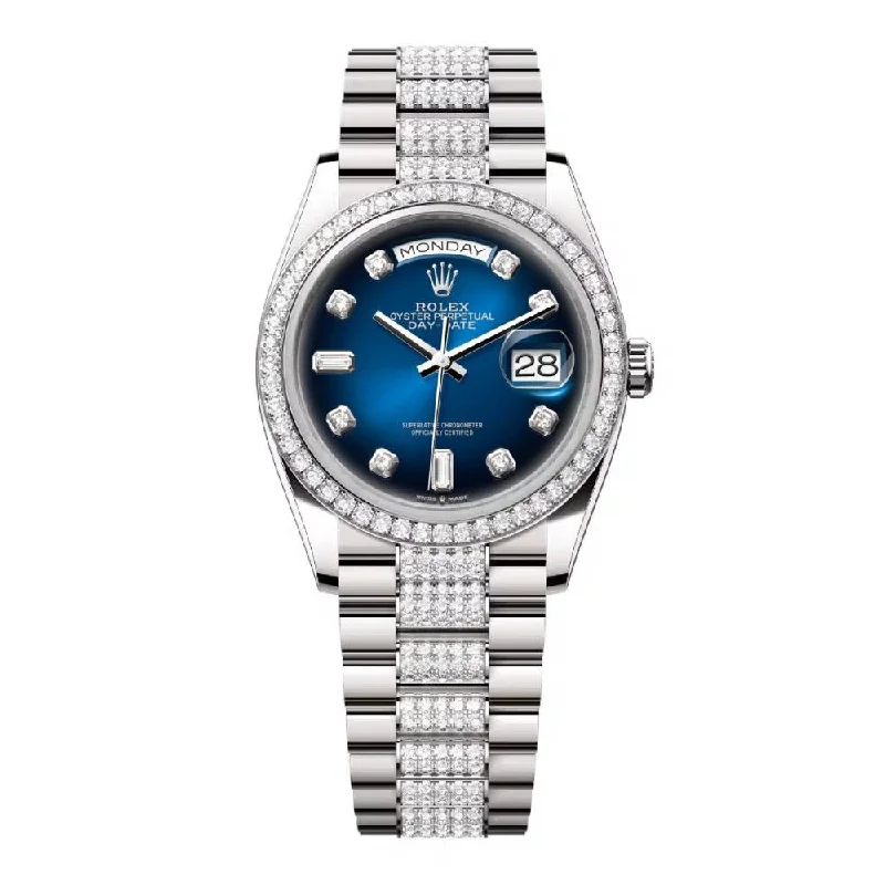 Rolex Day Date 36mm - Ref: 128349rbr-0016 - Blue Ombre Diamond Dial & Diamond Bezel, 18K White Gold & Diamonds President Bracelet Watch-Rolex Day-Date 36mm Green Dial Watch