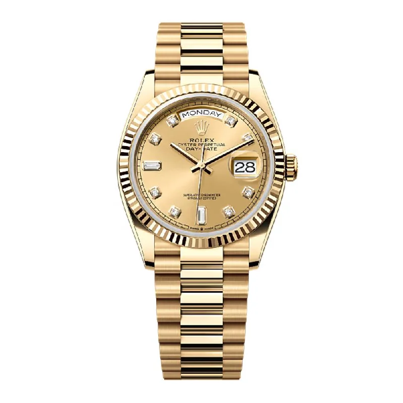 Rolex Day Date 36mm - Ref: 128238-0008 - Champagne Diamond Dial & Fluted Bezel, 18K Yellow Gold President Bracelet Watch-Rolex Yacht-Master 40mm Steel Watch