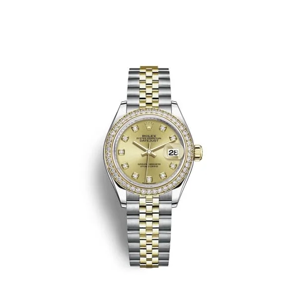 Rolex Lady-Datejust 28mm - Ref: 279383rbr-0011 - Champagne Diamond Dial & Diamond Bezel, Two Tone Stainless Steel & 18K Yellow Gold Jubilee Bracelet Women's Watch-Rolex Day-Date Yellow Gold Watch