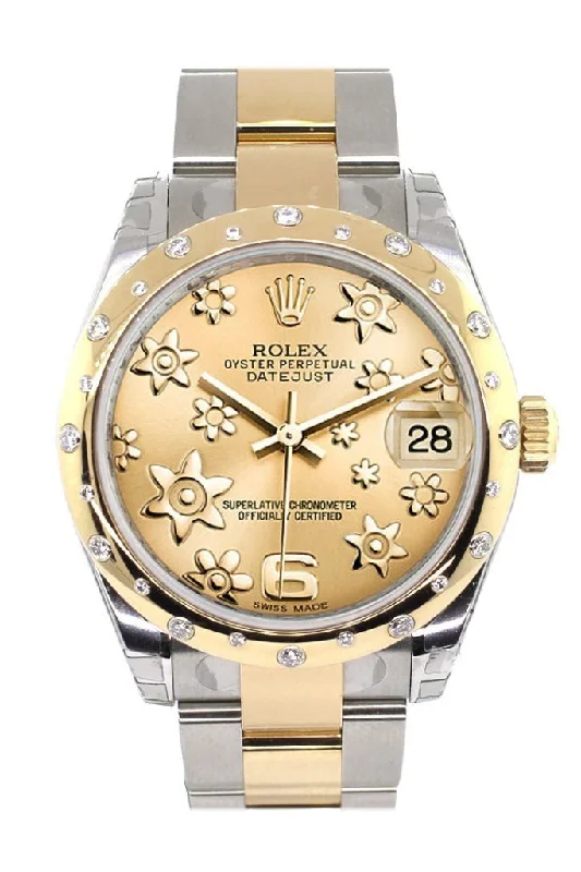 Rolex Datejust 31 Champagne Floral Motif RomanDial Diamond Bezel 18K Gold Two Tone Ladies 178343 Pre-owned-Rolex Oyster Perpetual Watch