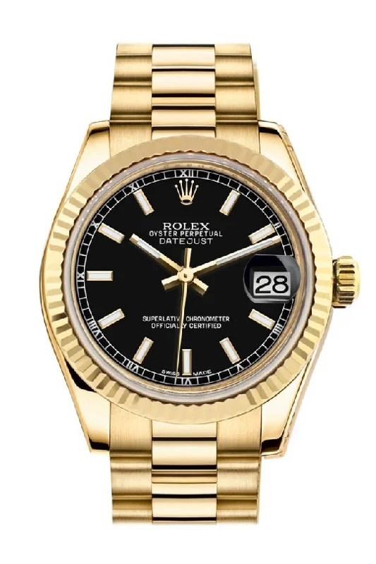 Rolex Datejust 31 Black Dial Fluted Bezel 18K Yellow Gold President Ladies Watch 178278 Pre-owned-Rolex Cosmograph Daytona 116520 Steel Watch