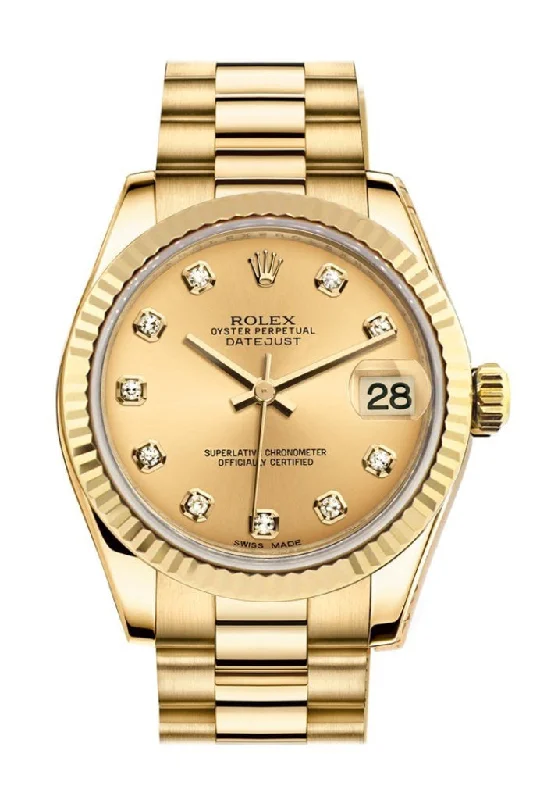 Rolex Datejust 31 Champagne Diamond Dial Fluted Bezel 18K Yellow Gold President Ladies Watch 178278 Pre-owned-Rolex Submariner 116619LB Blue Dial Watch