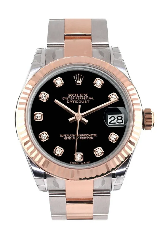 Rolex Datejust 31 Black Diamond Dial Fluted Bezel 18K Rose Gold Two Tone Ladies Watch 178271 Pre-owned-Rolex GMT-Master II 126710BLRO Watch