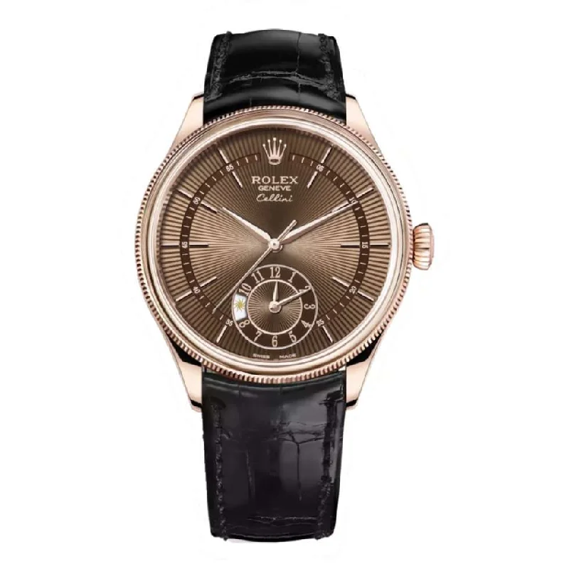 Rolex Cellini Dual Time 39mm - Ref: 50525-0016 - Brown Guilloche Index Dial, Domed & Fluted Double Bezel, 18K Rose Gold & Black Leather Strap Watch-Rolex Day-Date 36mm Rose Gold Watch