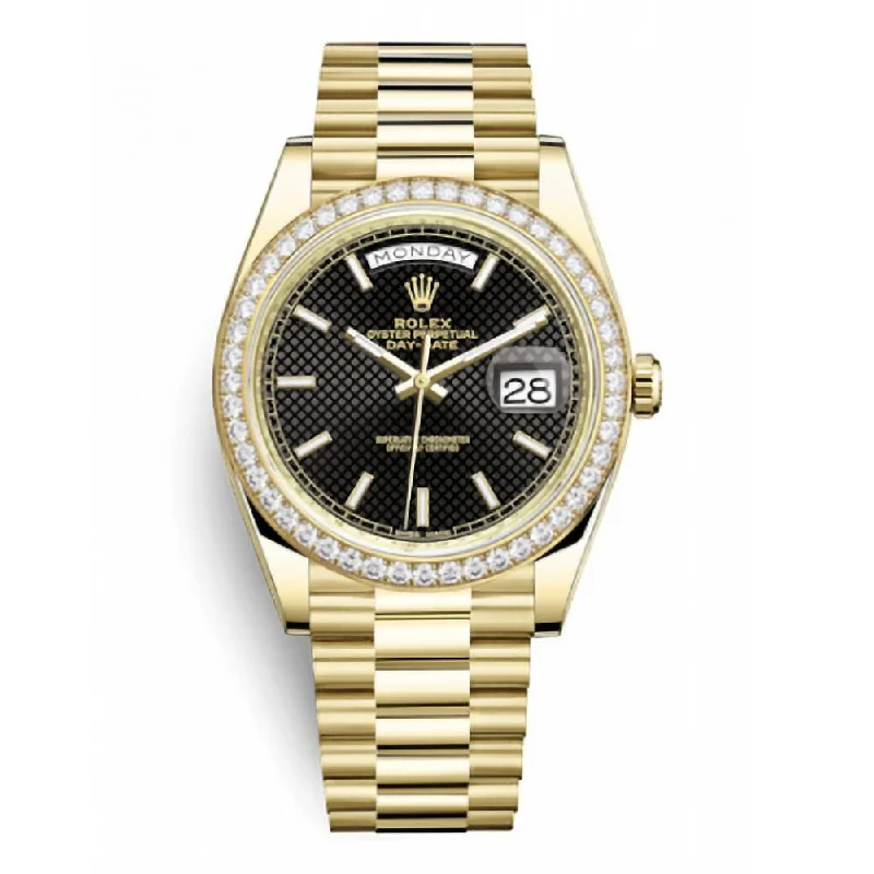 Rolex Day Date 40mm - Ref: 228348rbr-0004 - Black Diagonal Motif Stick Dial & Diamond Bezel, 18K Yellow Gold President Bracelet Men's Watch-Rolex Yacht-Master 40mm Watch