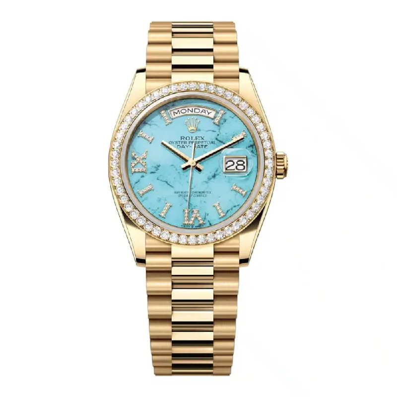 Rolex Day Date 36mm - Ref: 128348rbr-0037 - Tiffany Blue Turquoise Diamond Dial & Diamond Bezel, 18K Yellow Gold President Bracelet Watch-Rolex Day-Date 36mm Champagne Dial Watch