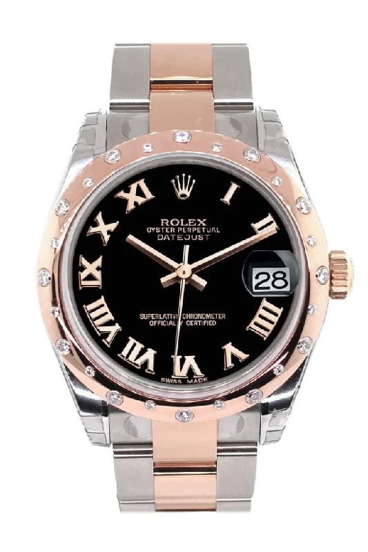 Rolex Datejust 31 Black Roman Dial Diamond Bezel 18K Rose Gold Two Tone Ladies Watch 178341 Pre-owned-Rolex Sea-Dweller 4000m Watch