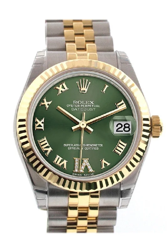 Rolex Datejust 31 Olive Green Roman Large VI Diamond Dial Fluted Bezel 18K Gold Two Tone Jubilee Ladies 178273 Pre-owned-Rolex Yacht-Master Women’s Watch